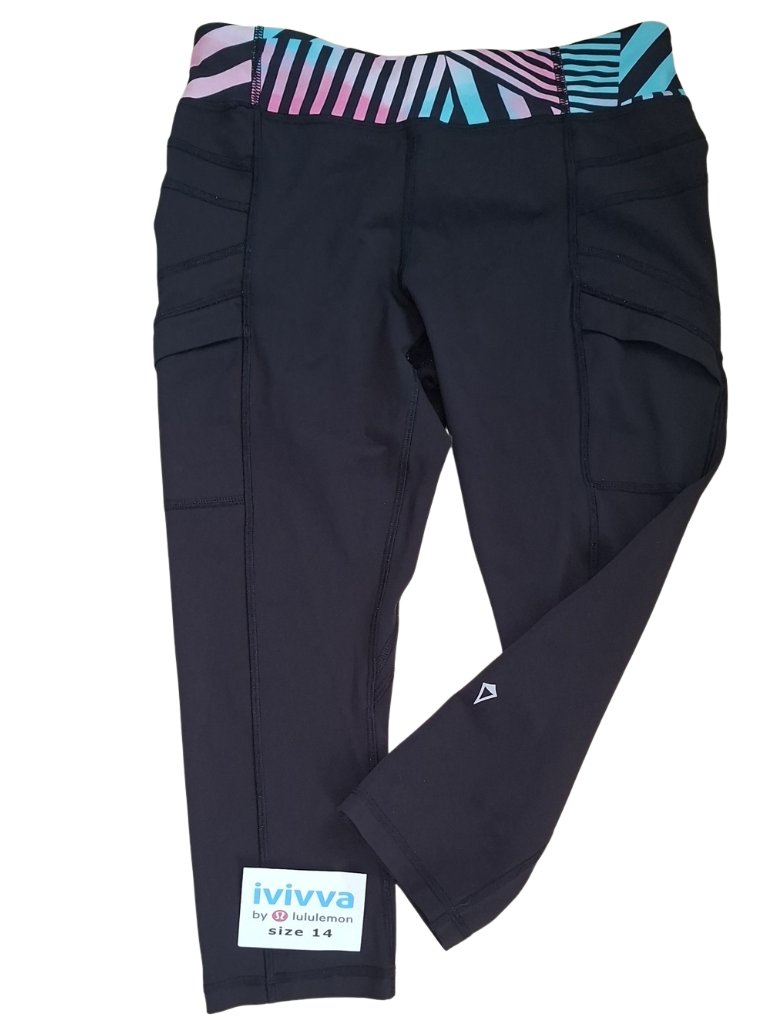 Ivivva Girl By Lululemon Race To The Finish Line Crop Black Pockets Size 14